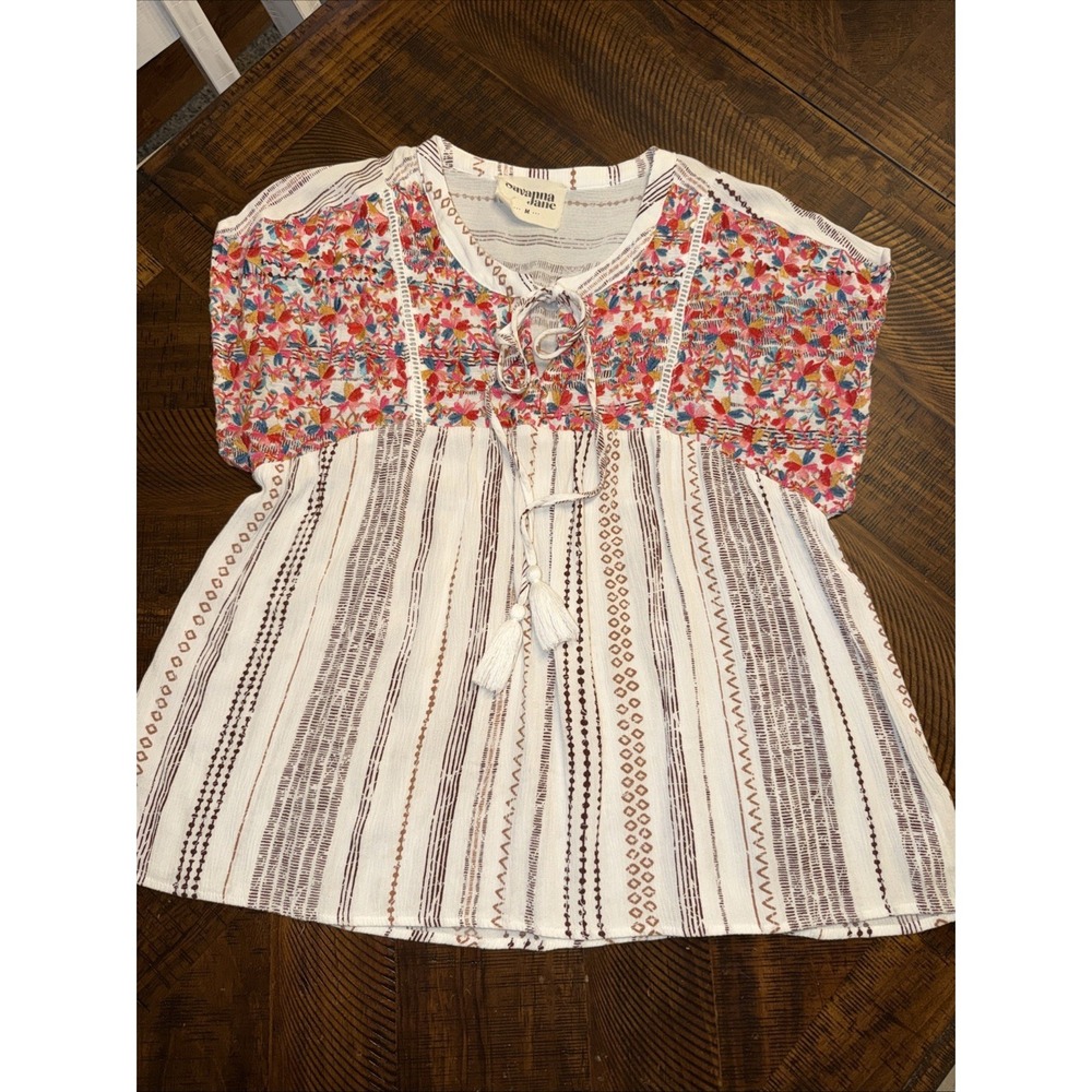 Savanna Jane White Embroidered Blouse Boho Praire Cottagecore Top Medium